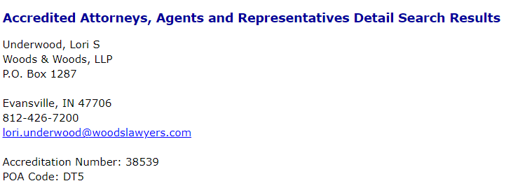 Screenshot from the OGC's free accreditation search, showing our VA disability lawyer Lori Underwood's accreditation number and information.