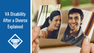 A person holding an image of a smiling couple that's been torn down the middle. Alongside the image is a blue banner reading the article title: VA disability in a divorce