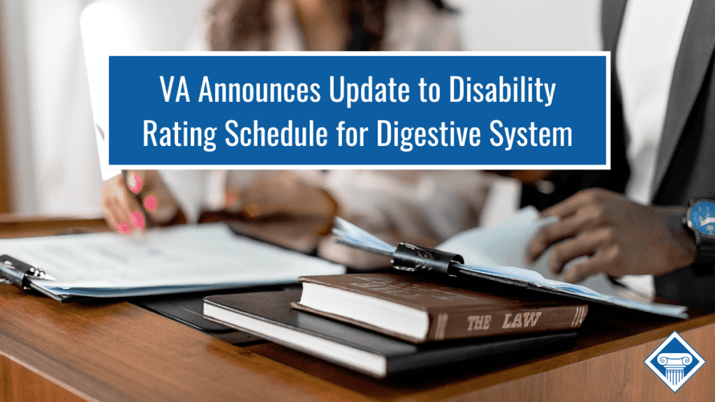 People reading law books and taking notes, our title is at the top: "VA announces update to disability rating schedule for digestive system"