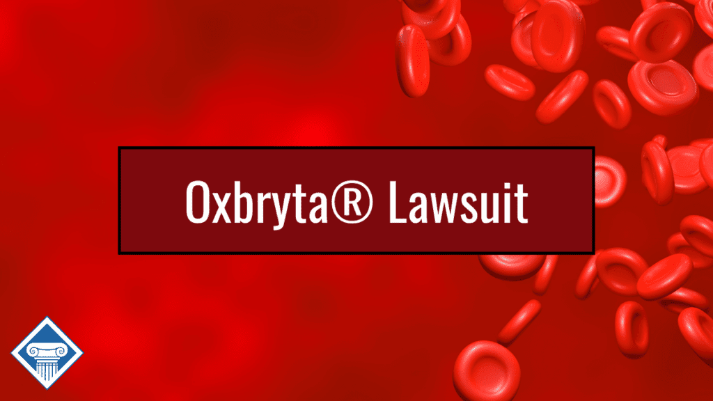 Photo of red blood cells with article title across the front: Oxbryta Lawsuit