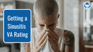 A photo of a woman with her head down blowing her nose into a white tissue. Article title is to the left: Getting a Sinusitis VA Rating