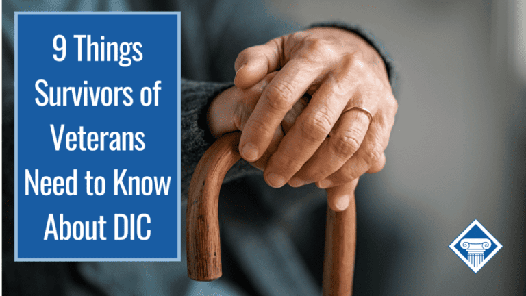 A person's hands holding a wooden cane. They are wearing a wedding ring. Over the image is a box with the article title: 9 things survivors of veterans need to know about DIC