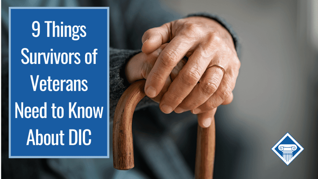 A person's hands holding a wooden cane. They are wearing a wedding ring. Over the image is a box with the article title: 9 things survivors of veterans need to know about DIC
