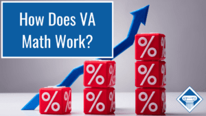 Our Title: How Does VA Math Work? in front of stacks of dice with percentage signs on them and an arrow chart going up in the background.