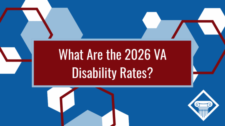 Graphic with a blue background and white, light blue, and maroon hexagons. Article title is across the middle: What are the 2026 VA Disability Rates?