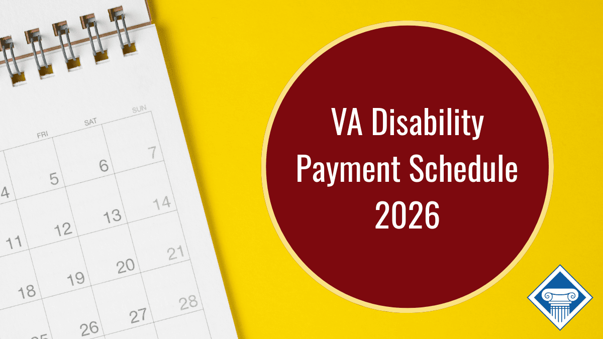 Photo of an open wall calendar against a bright yellow background. Article title appears in a burgundy circle to the right: VA Disability Payment Schedule 2026