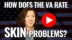 An image of VA disability lawyer Melissa Alexander against a darkened background featuring the US flag. Over the image is a YouTube play button and a title: How does the VA rate skin problems, in bold white letting.