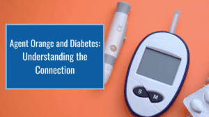 An image of diabetes medication and blood sugar monitor over an orange background. Over the image is a blue box reading the article title: Agent Orange and diabetes: Understanding the connection