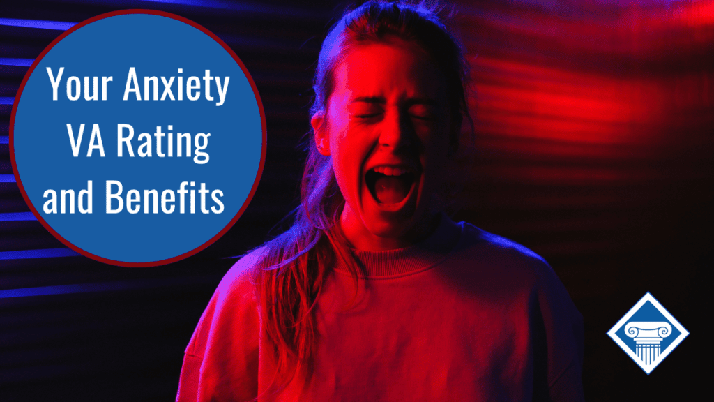 Young woman screaming in dark room with red and blue lights in background. Article title in upper left corner: Your Anxiety VA Rating and Benefits