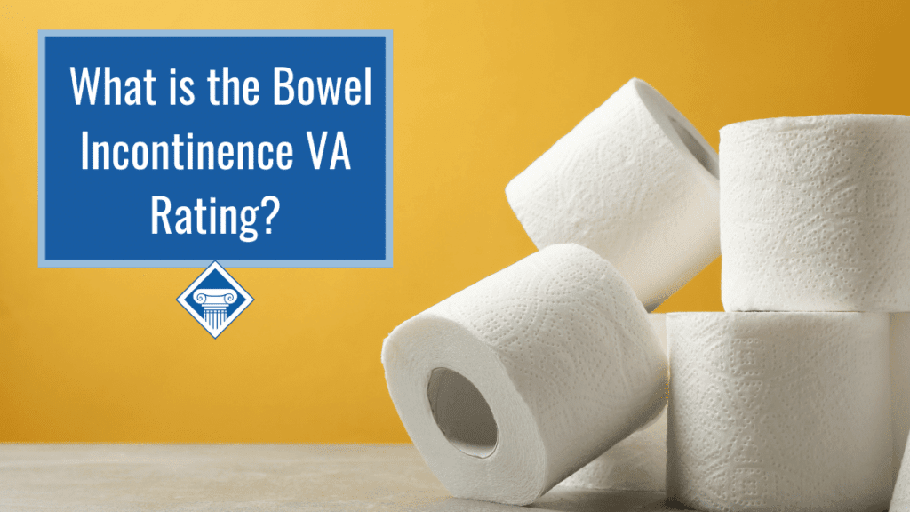 An image of a yellow background with several rolls of toilet papers stacked on top of each other in a pile in front of it. Over the image is a blue box reading the article title: What is the bowel incontinence VA rating?