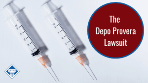 Two shots lie side by side against a white background. Over the image is a red circle reading the article title: Depo Provera lawsuit