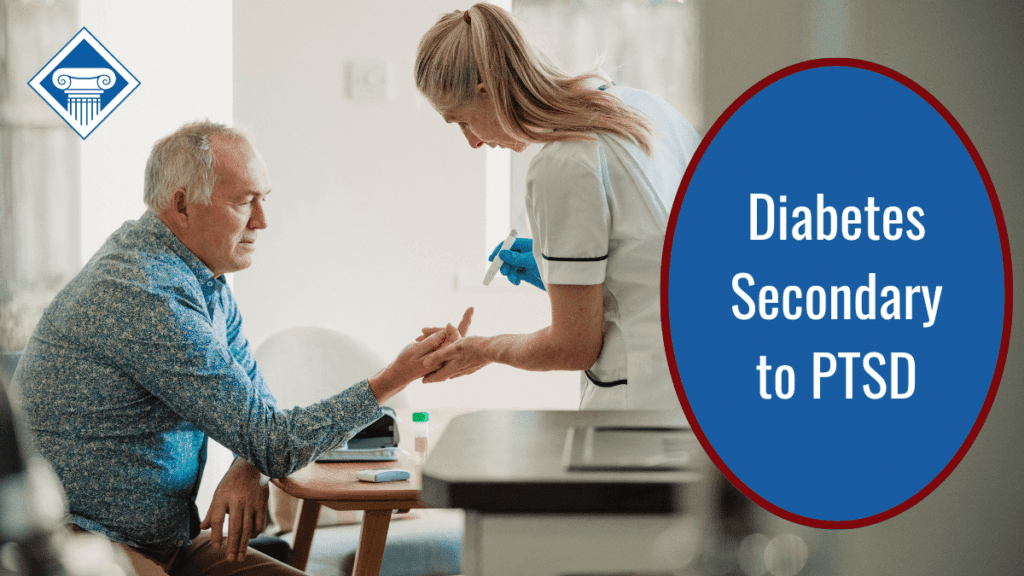 A female medical professional with a blonde ponytail leans over a man with white hair in a blue top, sticking his finger to check his insulin levels. Over the image is the article title in a blue oval: Diabetes secondary to PTSD