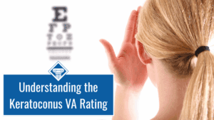 Photo of the back of a woman's head who has her blonde hair in a ponytail. She has her left hand covering her left eye and in the distance, against a white background, is the blurry outline of a visual acuity test. Article title is in the bottom lefthand corner: Understanding the keratoconus VA rating.