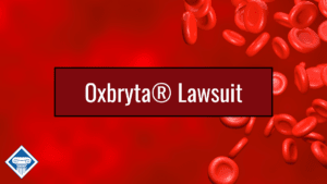 Photo of red blood cells with article title across the front: Oxbryta Lawsuit