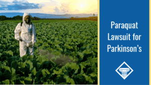 Image of an agricultural worker dressed in protective equipment spraying herbicide over a lettuce crop with the title of the article, "Paraquat Lawsuit for Parkinson's" on the right side of the image in a blue box with the Woods & Woods logo.