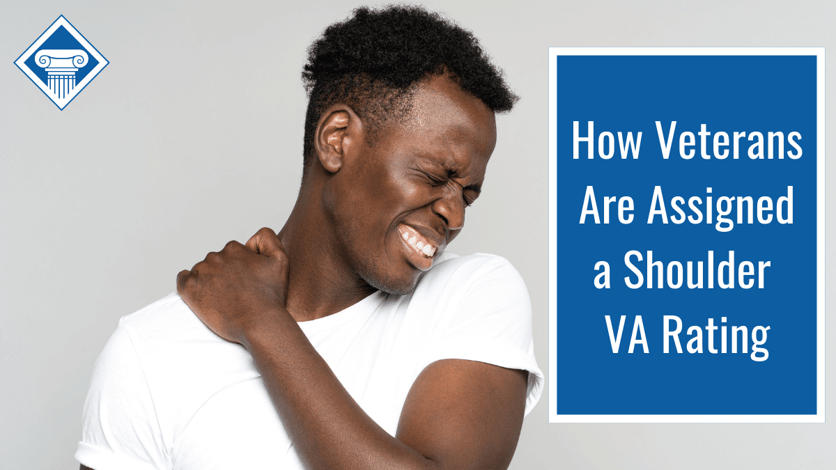 Photo of a man grimacing and holding his shoulder in pain. Article title to the right: How Veterans are Assigned a Shoulder VA Rating