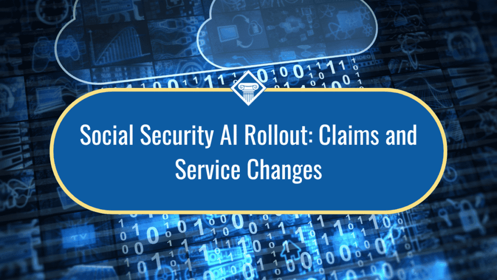 Image of a technology cloud raining computer code in neon blue. The title of the article, "Social Security AI Rollout: Claims and Service Changes" sits in the middle of the image in a dark blue oblong shape.