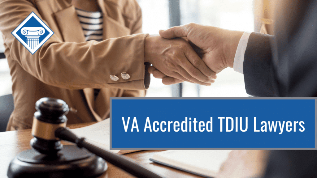 Two people shaking hands. Text reads:"VA-Accredited TDIU Lawyers"