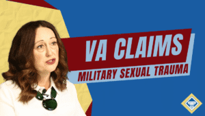Photo of a lawyer on the left side against a yellow and blue background, article title is in the middle of the image: "VA Claims for Military Sexual Trauma"