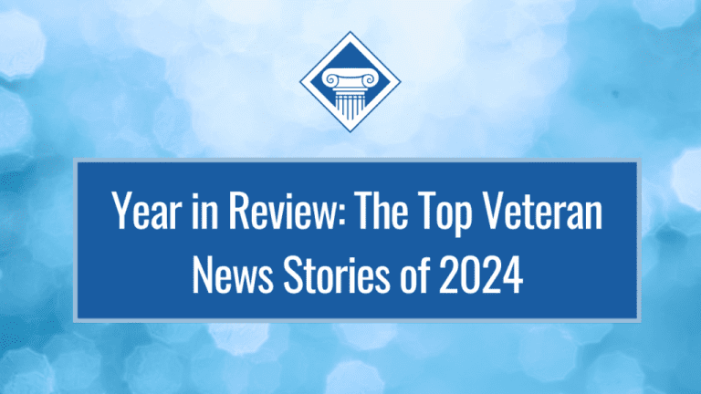 An image of a blue bokeh background with a darker blue box over top reading the article title: Year in Review The Top Veteran News Stories of 2024
