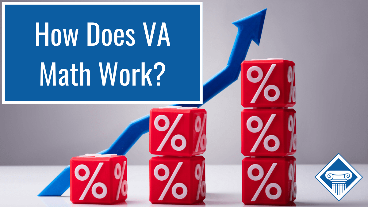 Our Title: How Does VA Math Work? in front of stacks of dice with percentage signs on them and an arrow chart going up in the background.