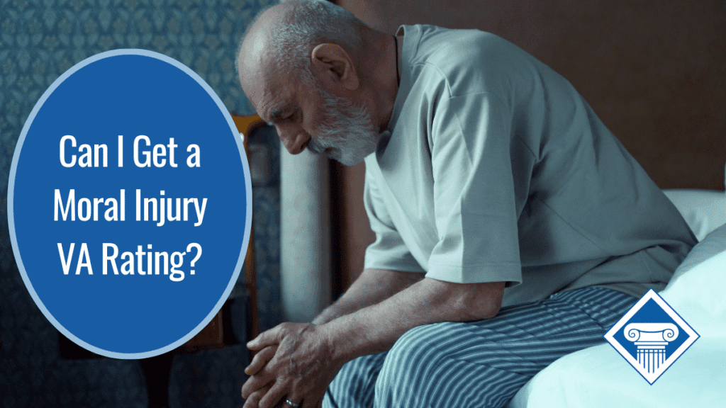 Man sitting on a bed holding hands together looking down. Article title is on the left: Can I get a moral injury VA rating?