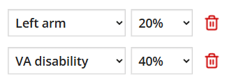 Screenshot of two ratings entered in the calculator. The first is Left arm at 20%. The second is a general VA disability at 40%.