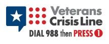 Text on this image reads: Veterans Crisis Line. Dial 988, then Press 1.
